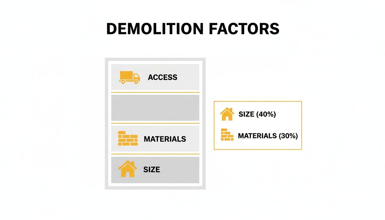 An infographic illustrating key demolition factors, including access, materials, and size, with associated percentages.