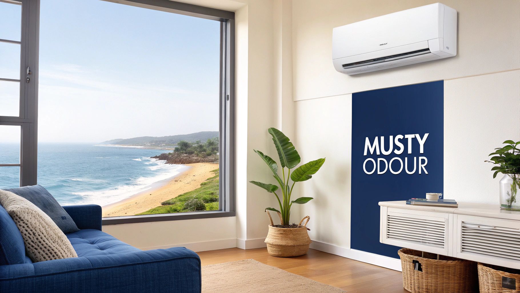 A clean living room with a wall-mounted AC unit, a blue accent wall with “MUSTY ODOUR” text, and a window overlooking a beach.