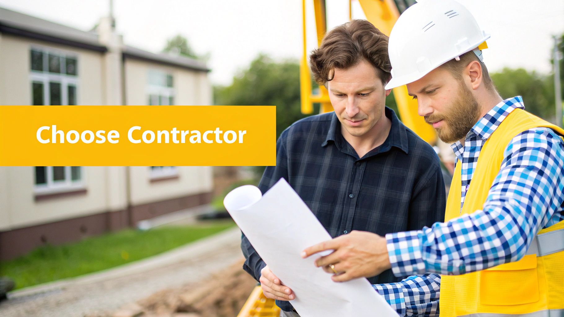 Two men, a contractor and a client, reviewing blueprints at a construction site.