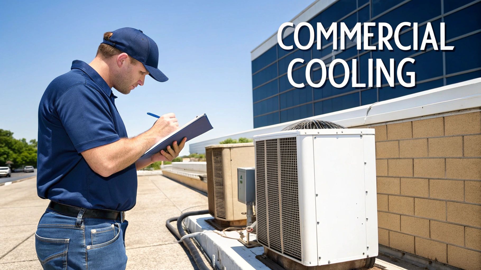 Technician in blue uniform inspecting commercial cooling units on a rooftop, with a modern building in background.