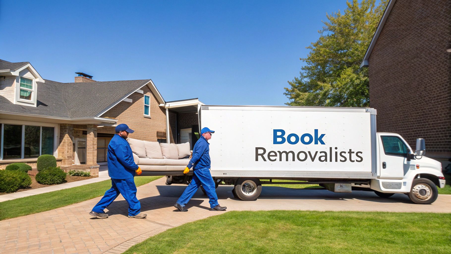 Two professional removalists in blue uniforms loading a sofa into a white moving truck.