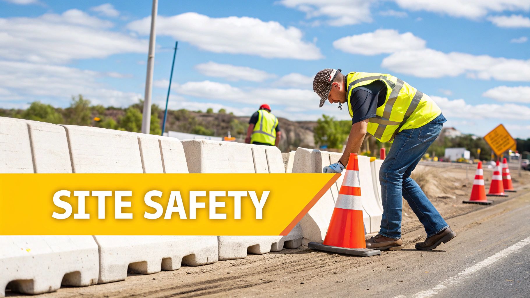 Construction worker in a safety vest places a traffic cone next to concrete barriers at a roadwork site.
