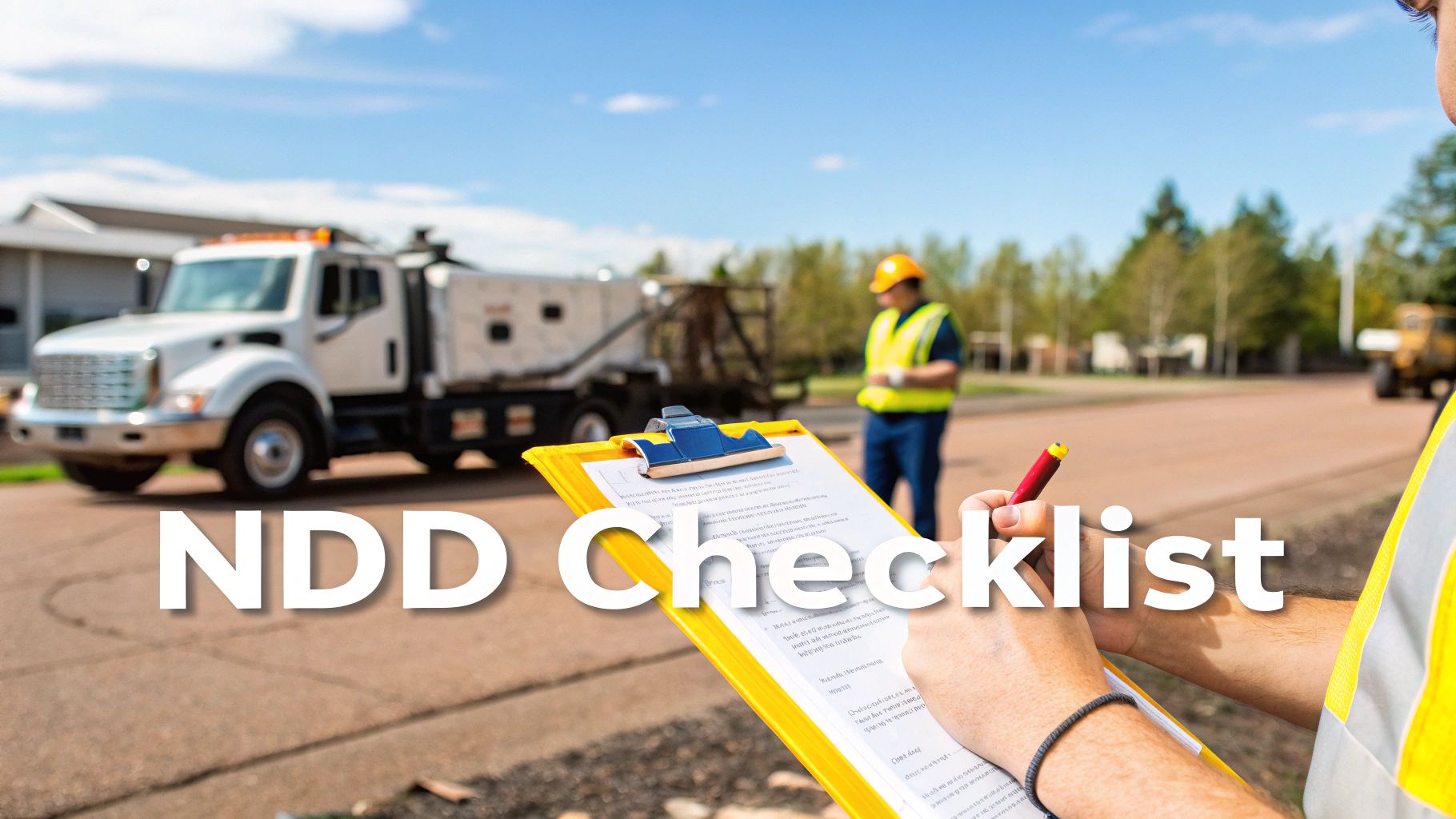Construction worker holding NDD checklist clipboard at job site with truck and equipment in background
