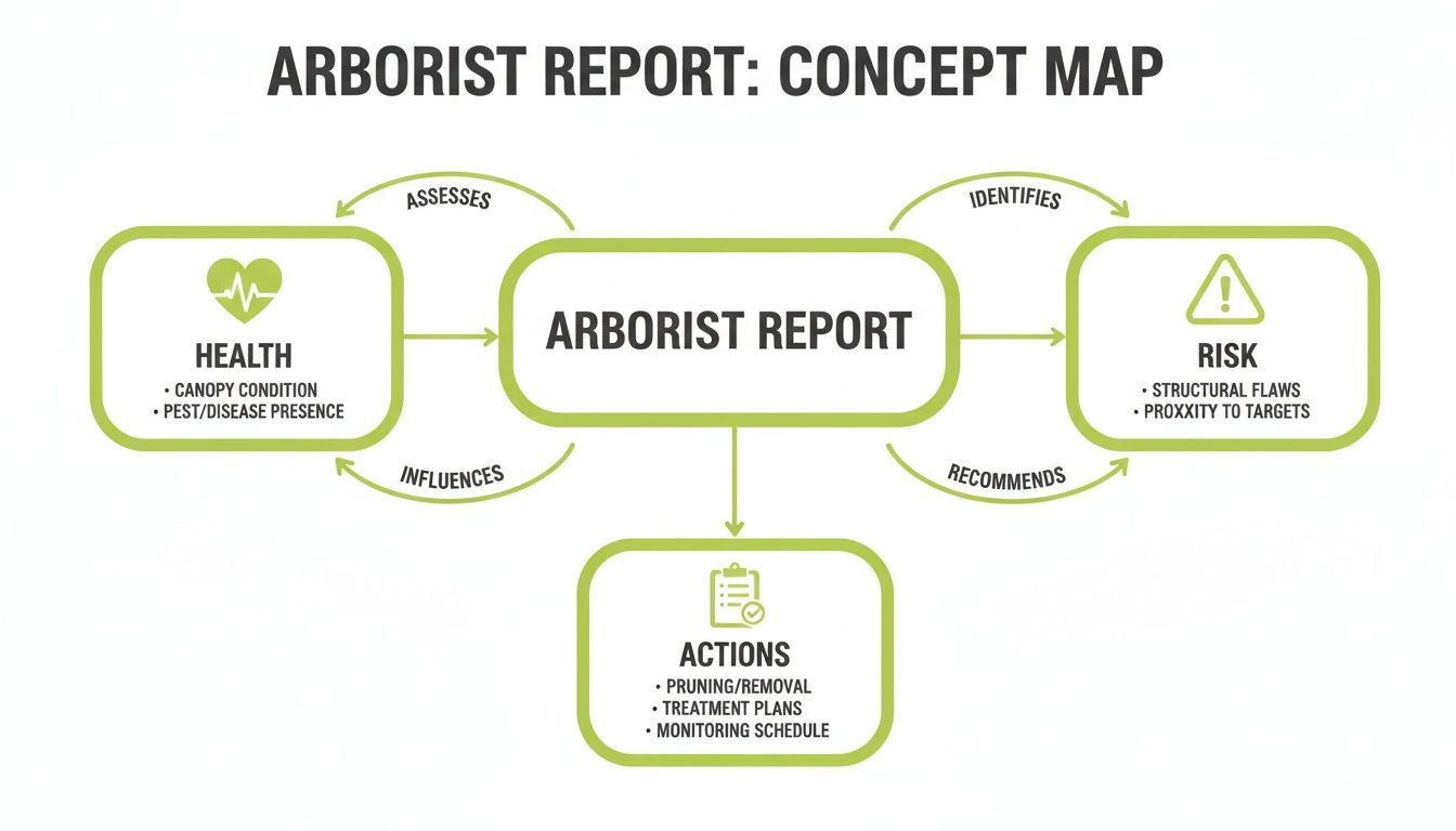 An arborist report concept map showing health assessment, risk identification, and actionable recommendations.