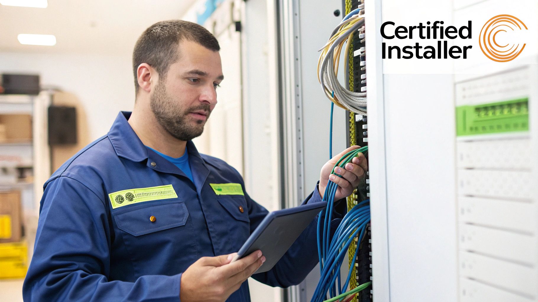 A professional data cabling installer is neatly terminating cables in a server rack.