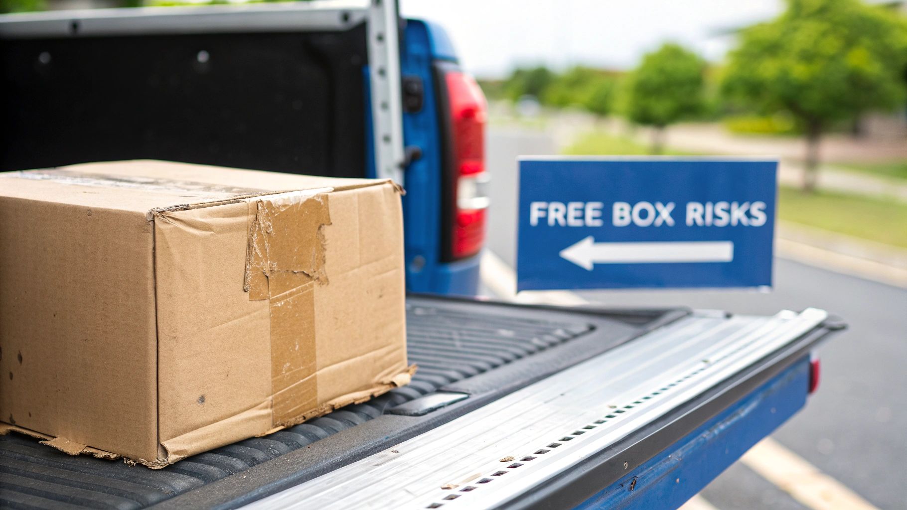 A worn cardboard box rests on a truck's tailgate, with a blue 'FREE BOX RISKS' sign nearby.