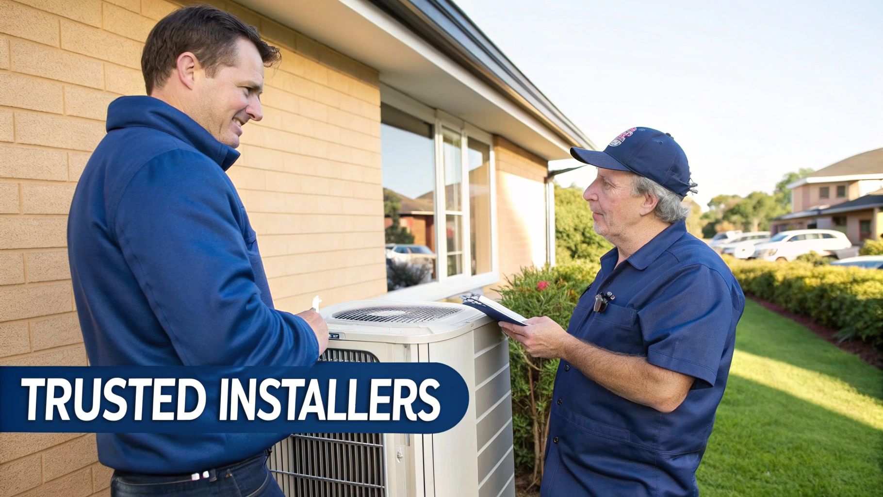 Two trusted installers in blue uniforms inspecting an outdoor air conditioning unit at a residential home.