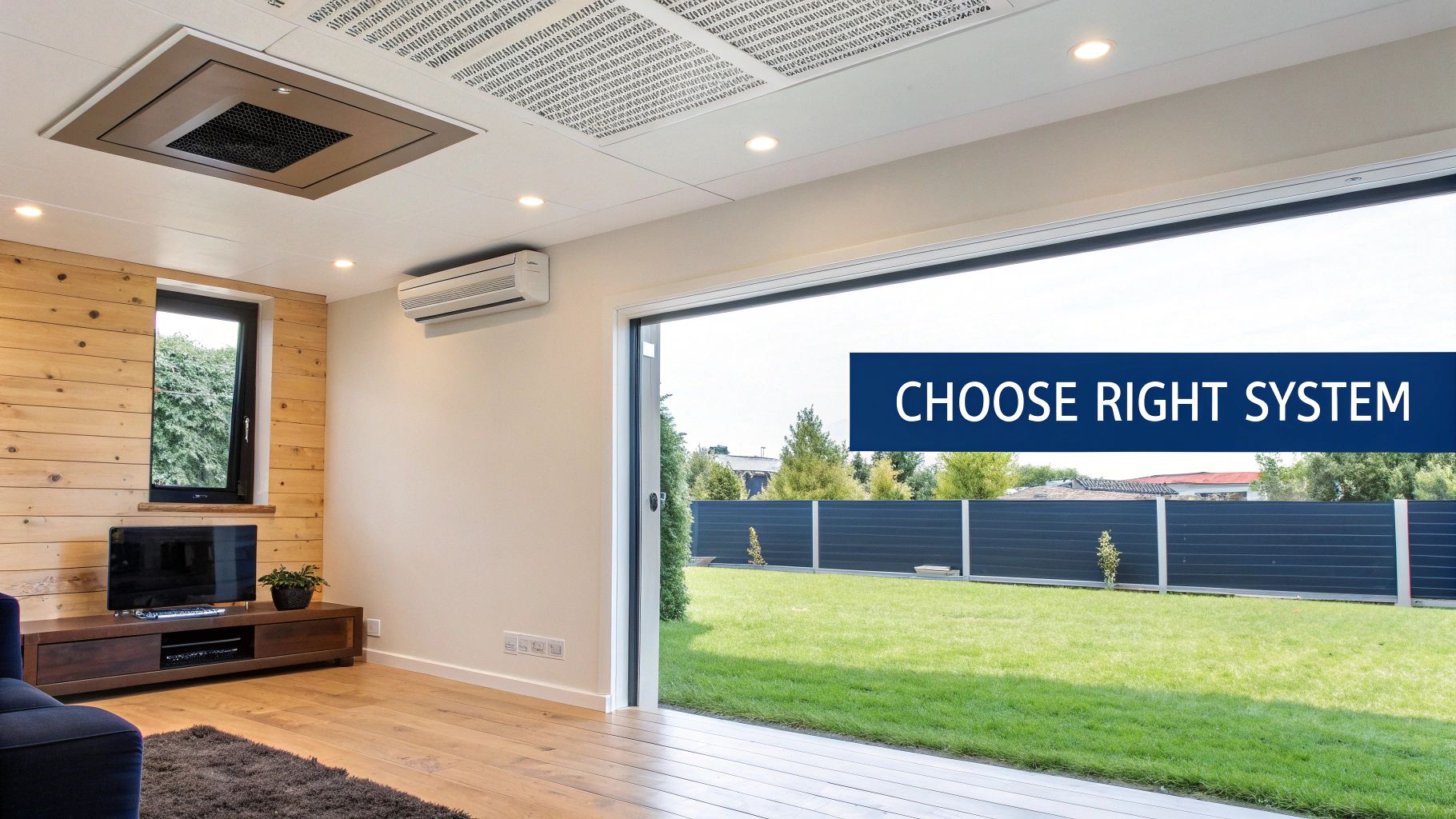 Modern living room with a ducted AC system, a wall-mounted AC, wooden accents, and a view of a green backyard.