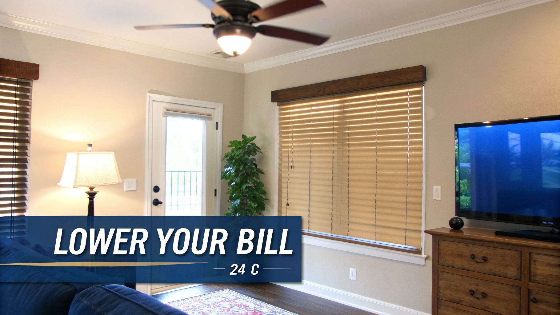 A comfortable living room scene with a ceiling fan, blinds, lamp, and TV, conveying home comfort.