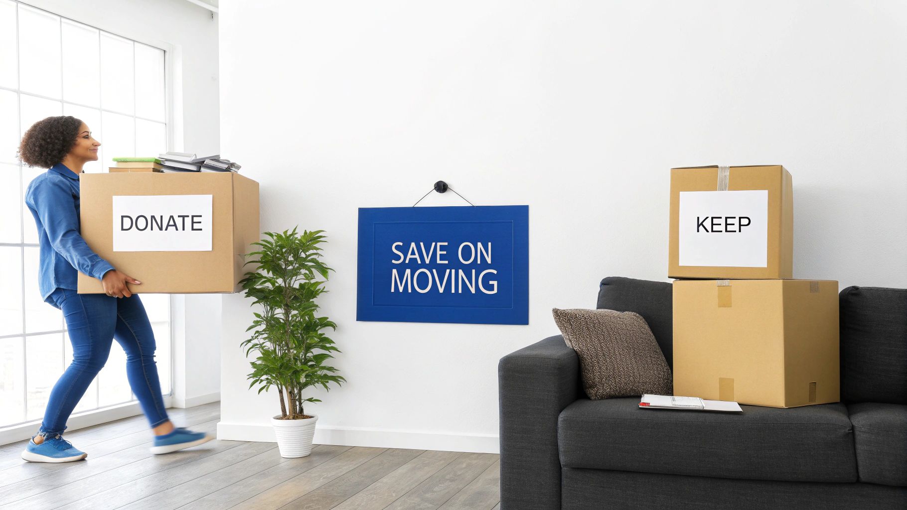 A woman carries a "DONATE" box, with "KEEP" boxes and a "SAVE ON MOVING" sign nearby.