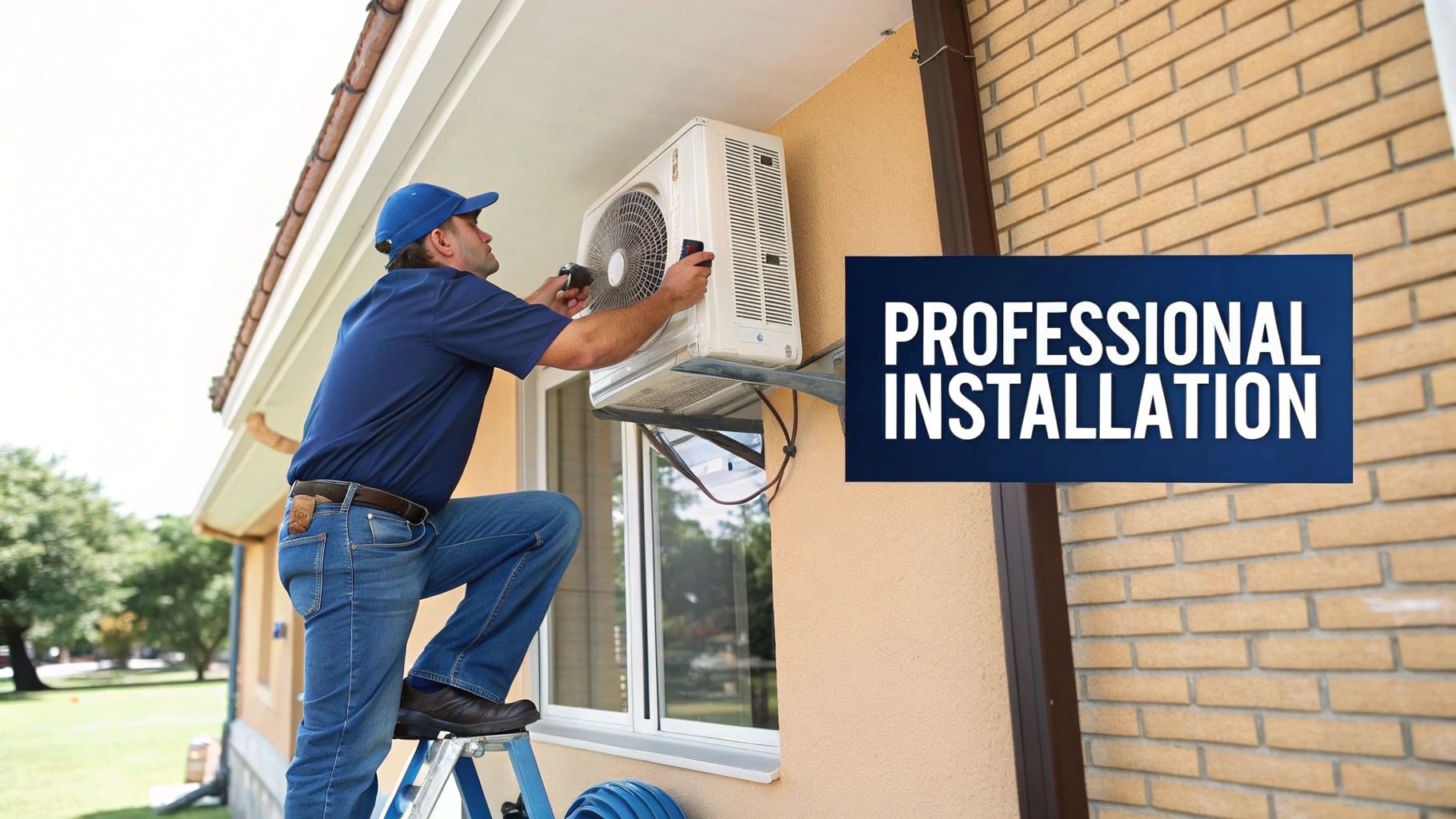 A professional technician installing an outdoor split unit air conditioning system on the side of a house.