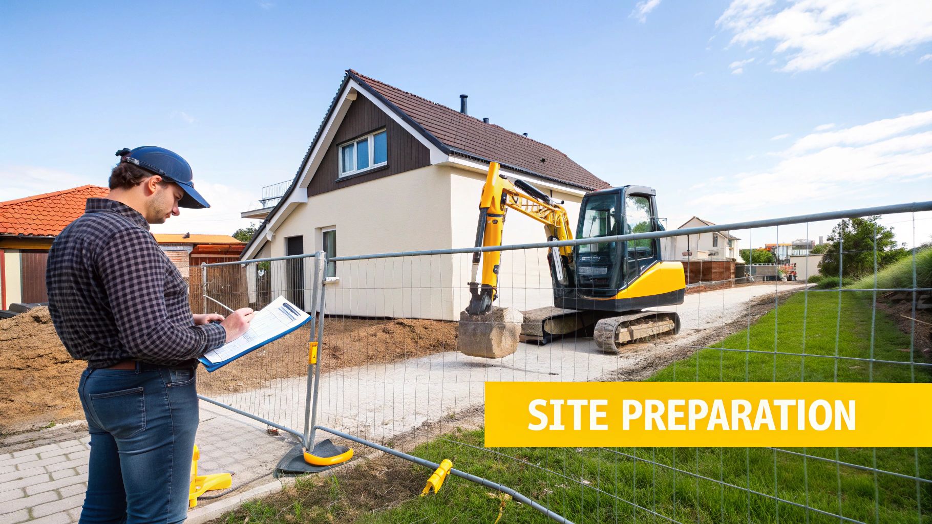 Excavator working on a demolition site with rubble in the foreground.