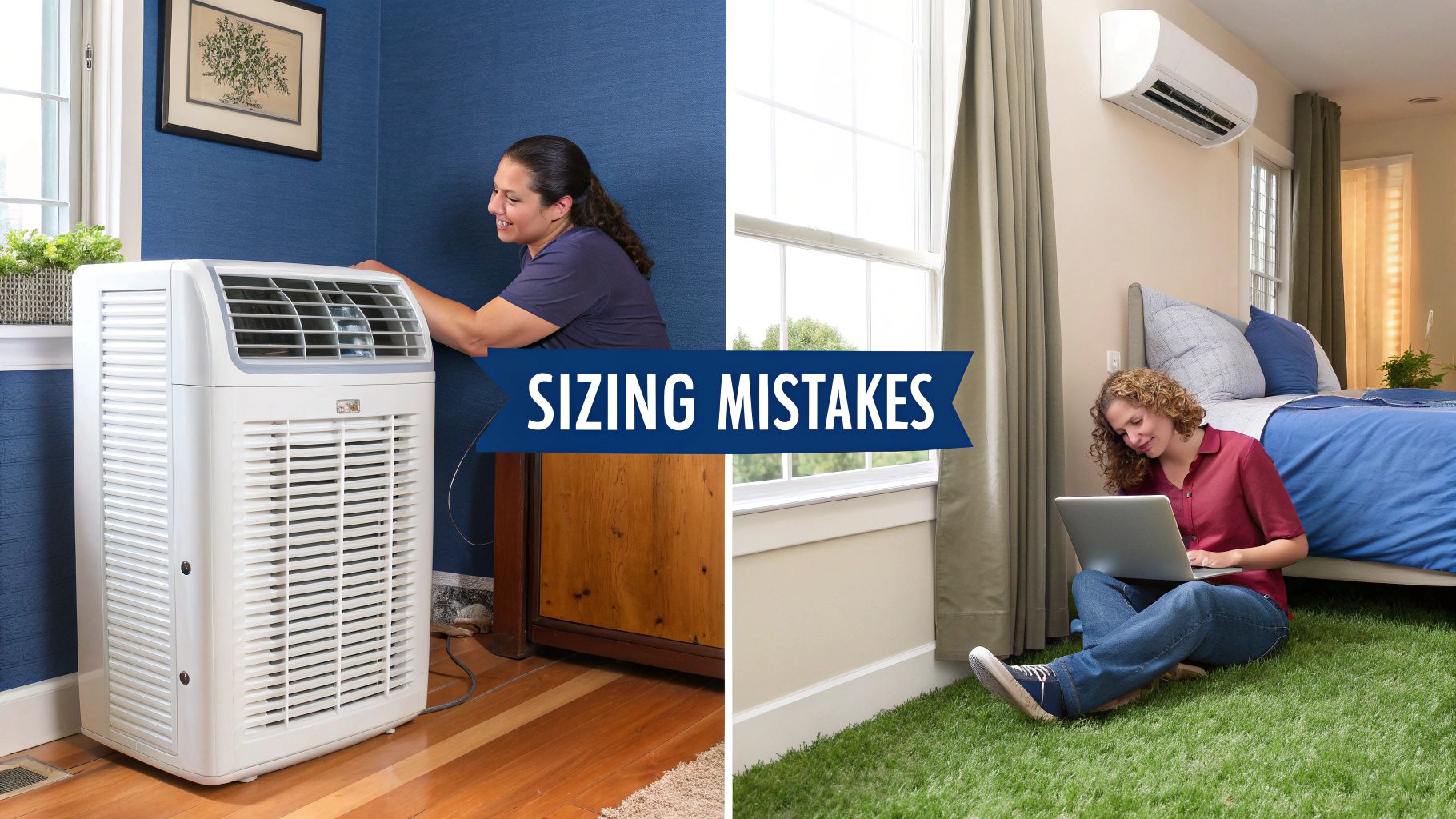 A dual image showing two women with different types of air conditioning units, highlighting sizing mistakes.
