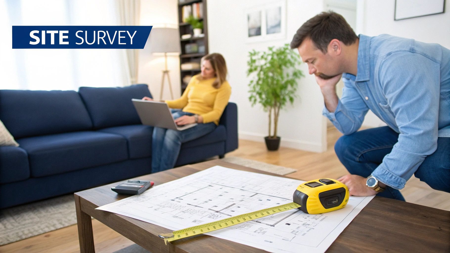Man and woman reviewing home renovation blueprints on a coffee table with a tape measure, planning a site survey.