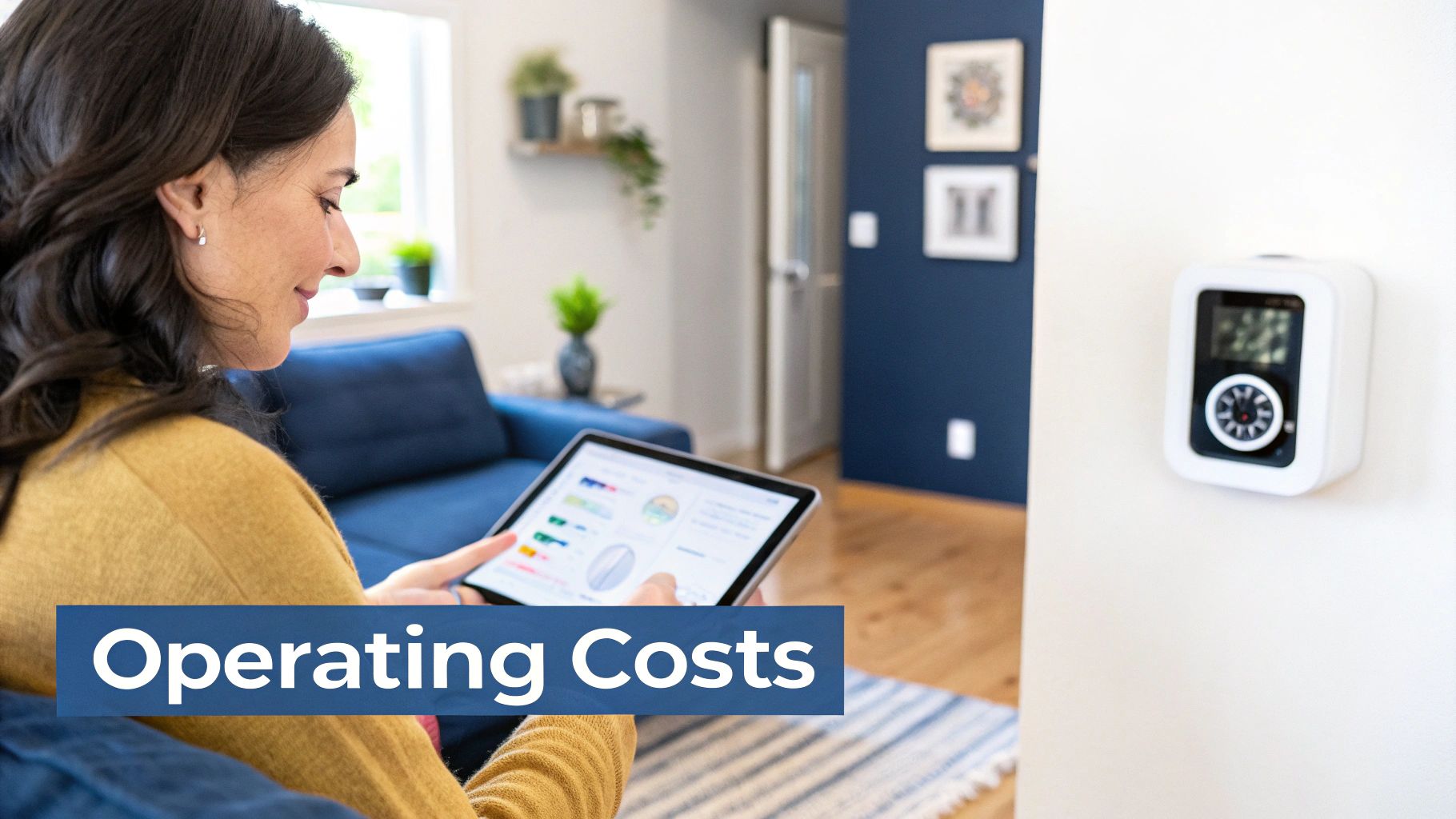 Smiling woman on a sofa viewing operating cost data on a tablet with a smart thermostat nearby.