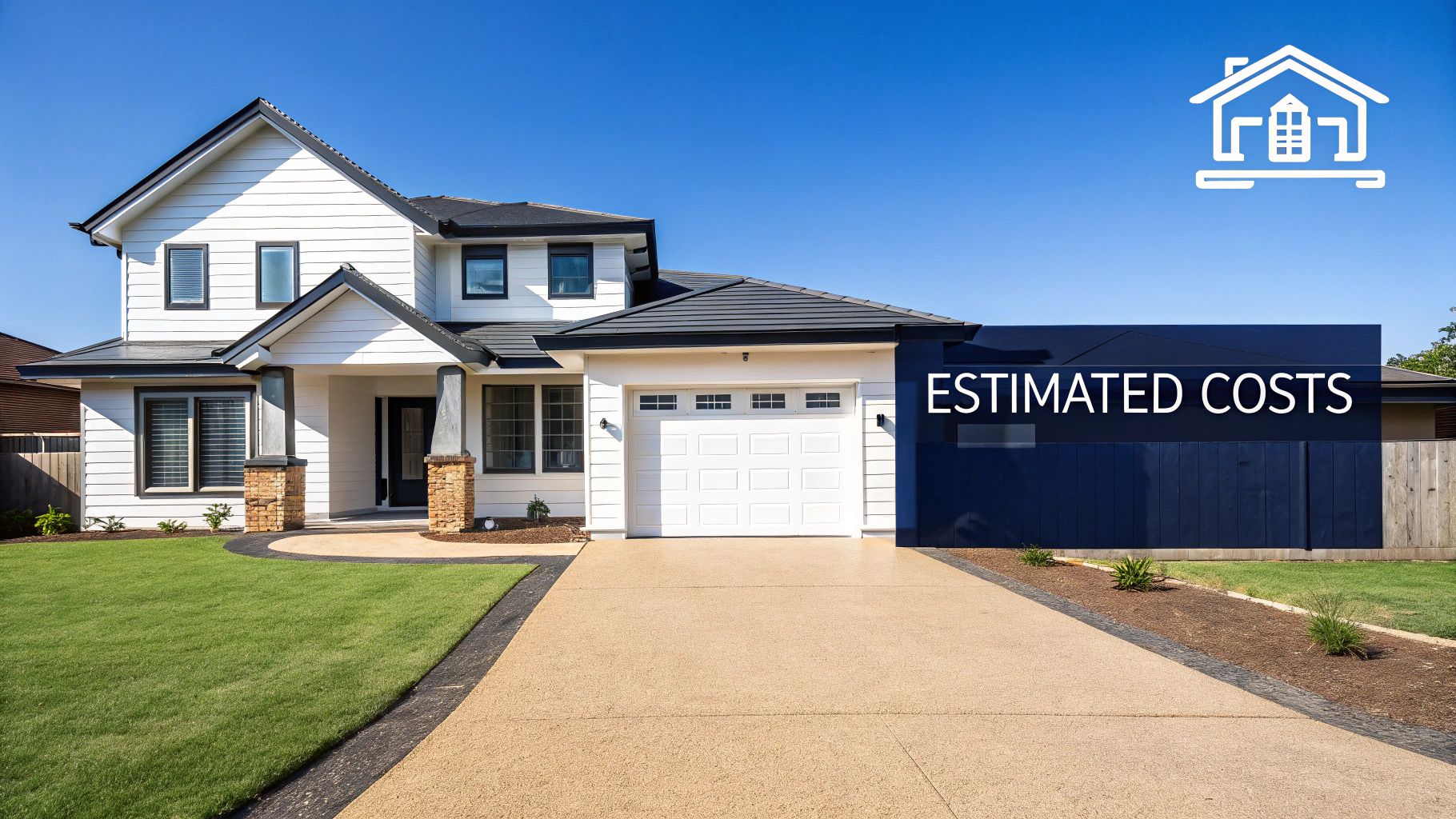 A modern white house with a two-car garage, driveway, and front lawn under a clear blue sky, overlaid with 'ESTIMATED COSTS'.