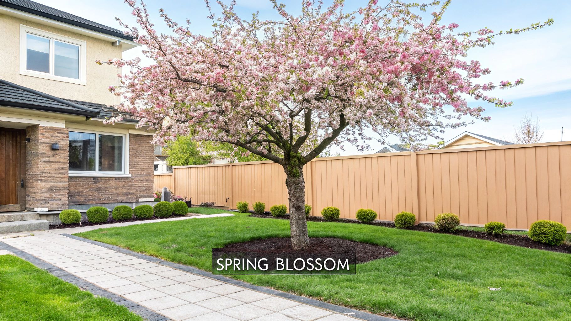 A vibrant front yard featuring a blooming pink spring blossom tree, green lawn, and a paved walkway.
