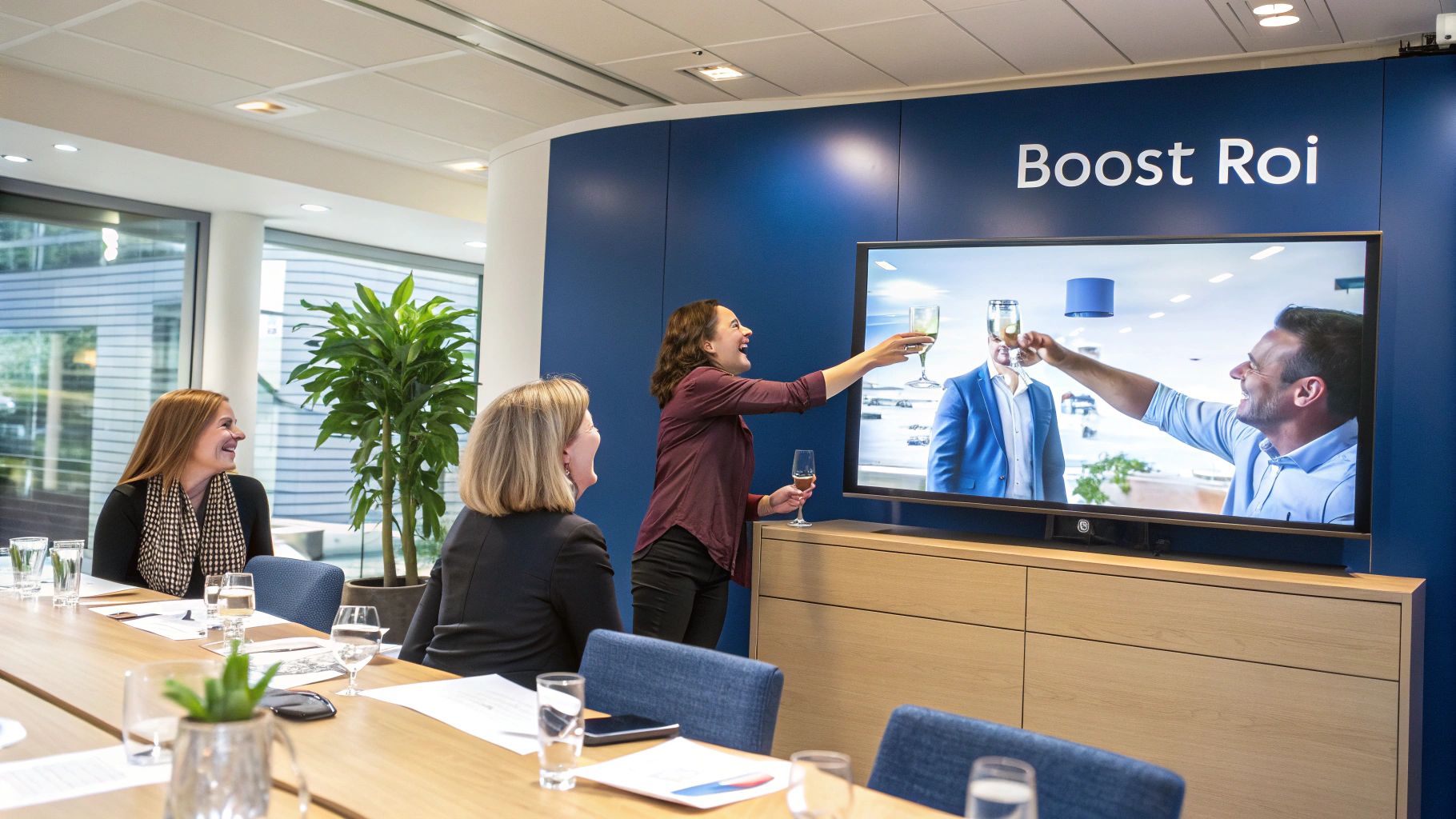 A professional boardroom with integrated AV technology showing a successful client presentation