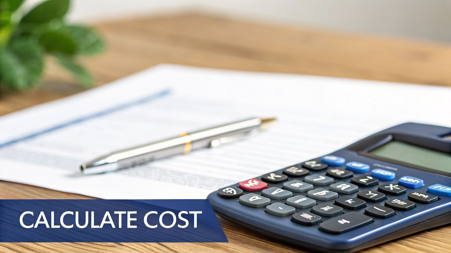 A calculator, pen, and document on a desk, with a 'CALCULATE COST' banner.