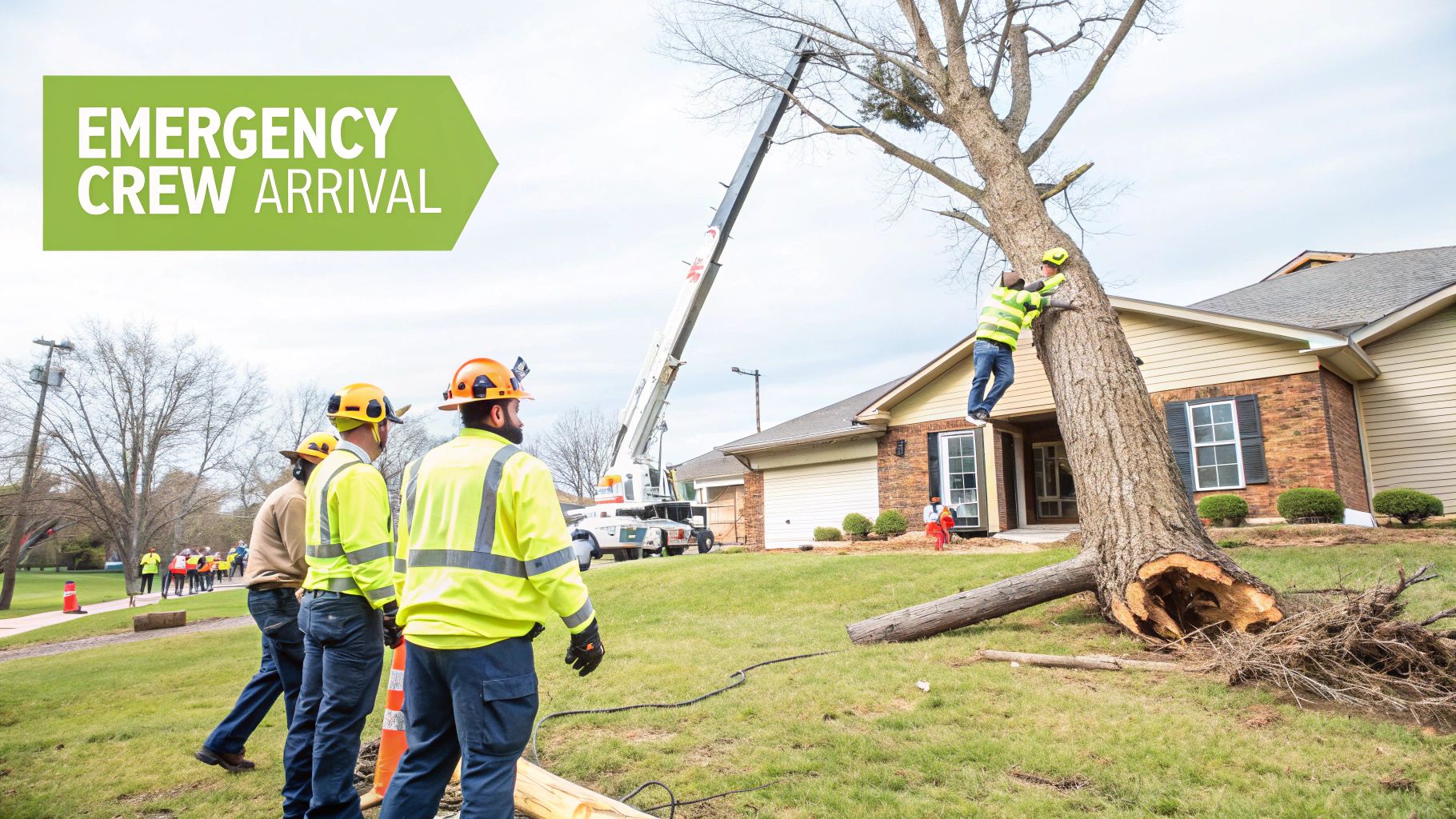 Emergency crew removing a large fallen tree near a house with a crane and workers.