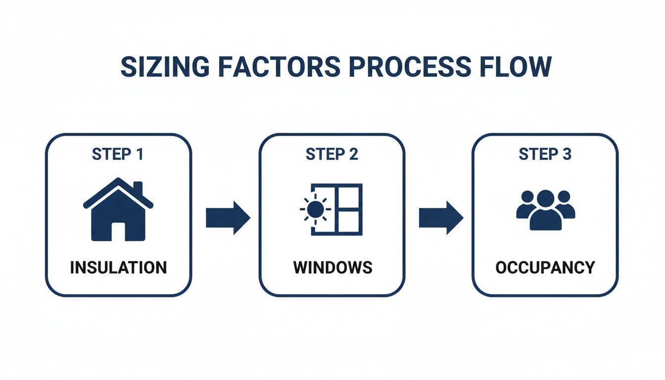 Flowchart illustrating three steps for sizing factors: insulation, windows, and occupancy in a process flow.