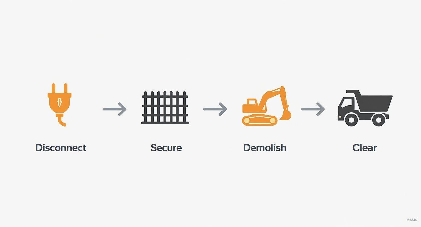 A four-step process showing icons for disconnecting, securing, demolishing with an excavator, and clearing with a dump truck.