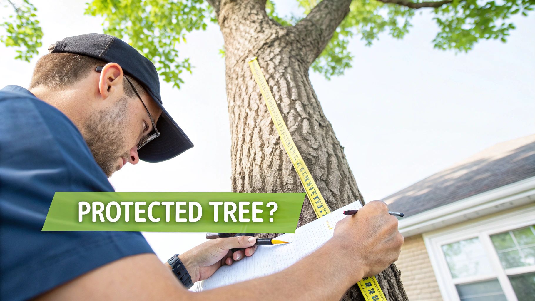 An arborist measures a tree trunk with a yellow tape measure, taking notes, with 'PROTECTED TREE?' overlay.