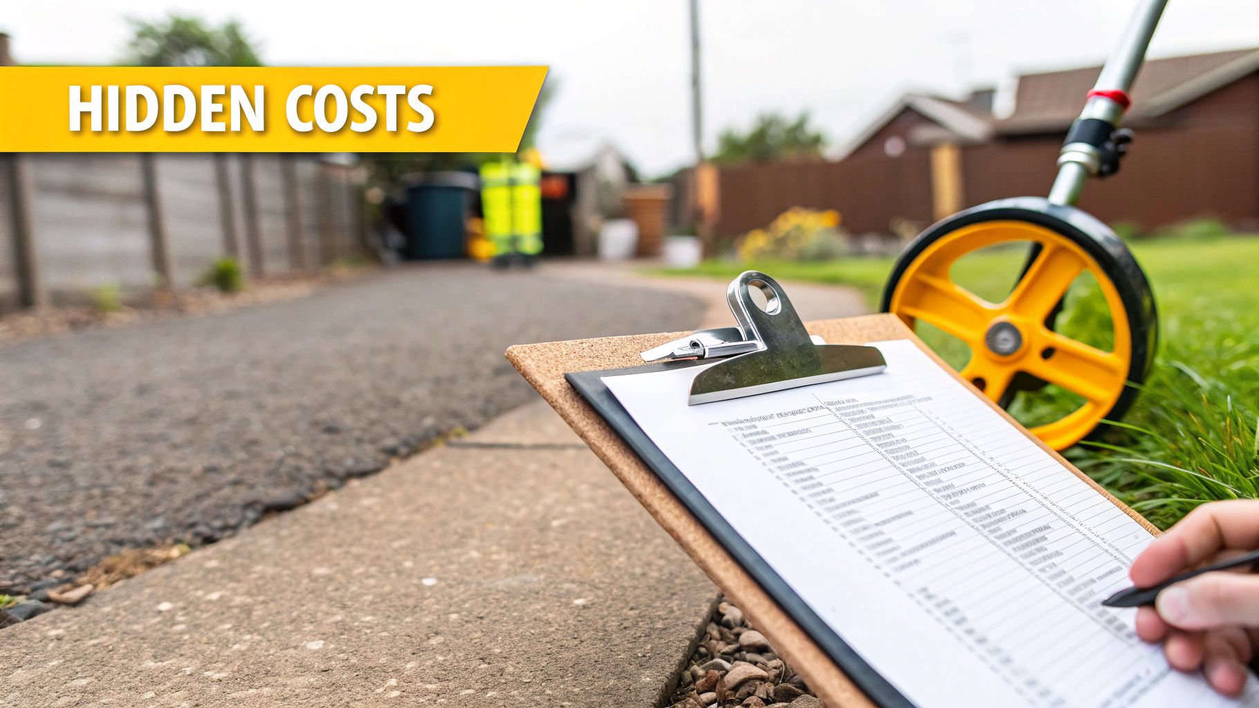 Person with clipboard and measuring wheel calculating hidden demolition costs for a house property.