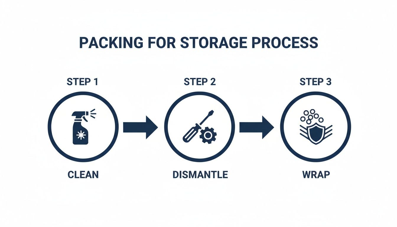 A three-step packing process for storage, showing clean, dismantle, and wrap stages with icons.
