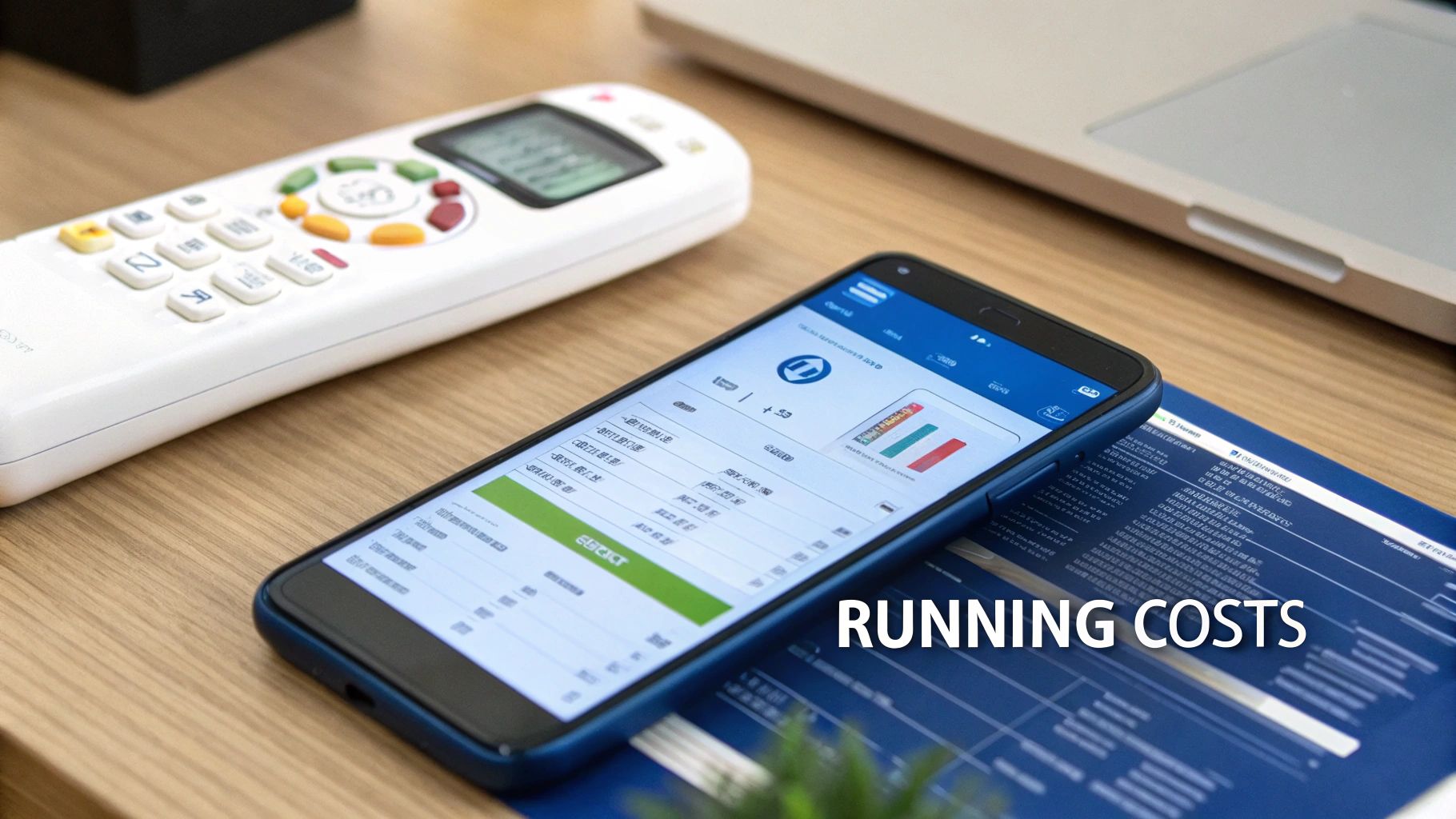 A smartphone displaying a financial app with charts and data, next to a remote control and laptop on a wooden desk.