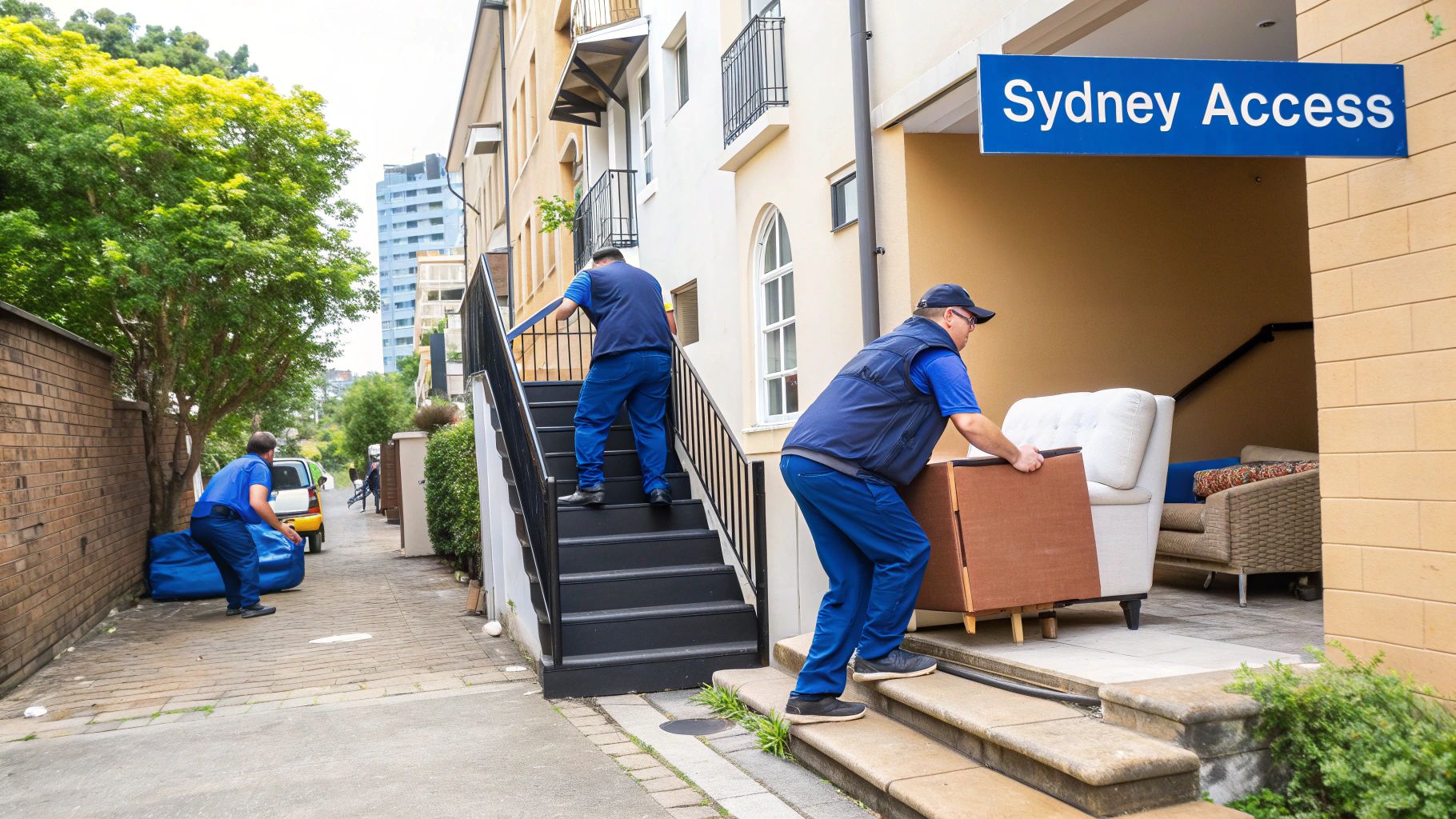 Three removalists in blue uniforms are moving furniture and bags up stairs and along a path.