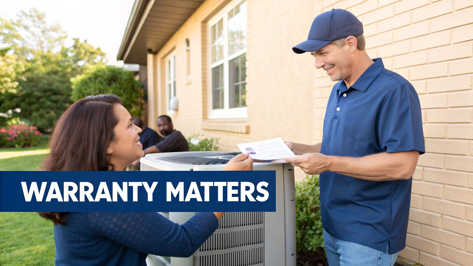 An HVAC technician discusses warranty documents with a smiling woman next to an outdoor air conditioner.