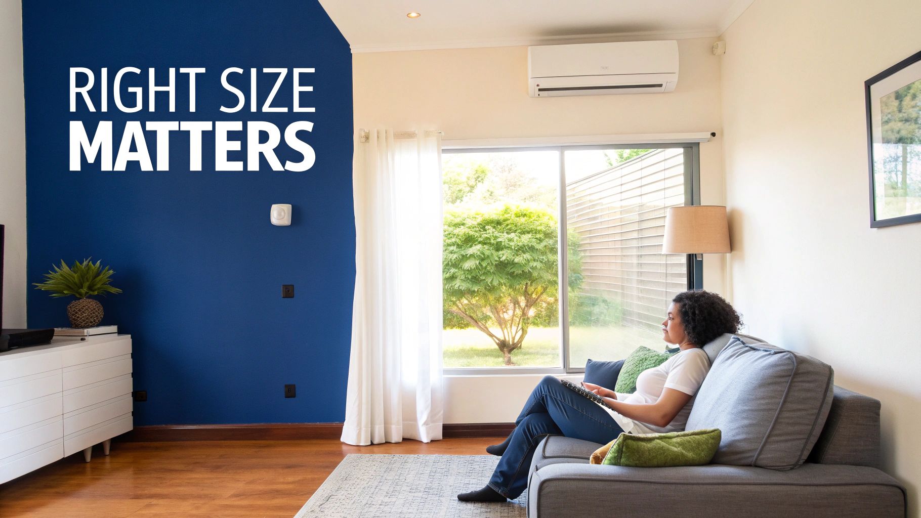 Woman relaxing in a living room with an AC unit on the wall, next to text 'RIGHT SIZE MATTERS'.