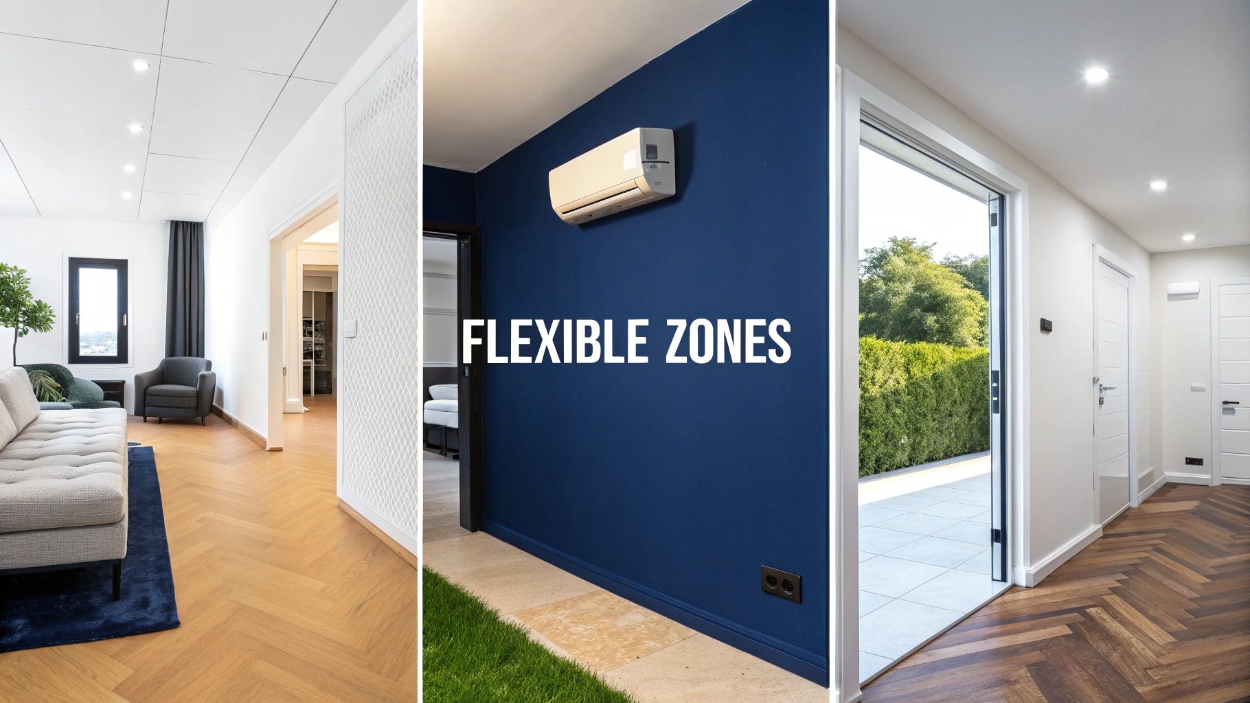 Multi-zone interior showing a living room, an air conditioning unit, and a hallway with outdoor view.