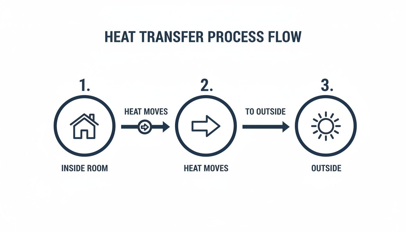 Diagram illustrating the heat transfer process flow from inside a room to the outside.