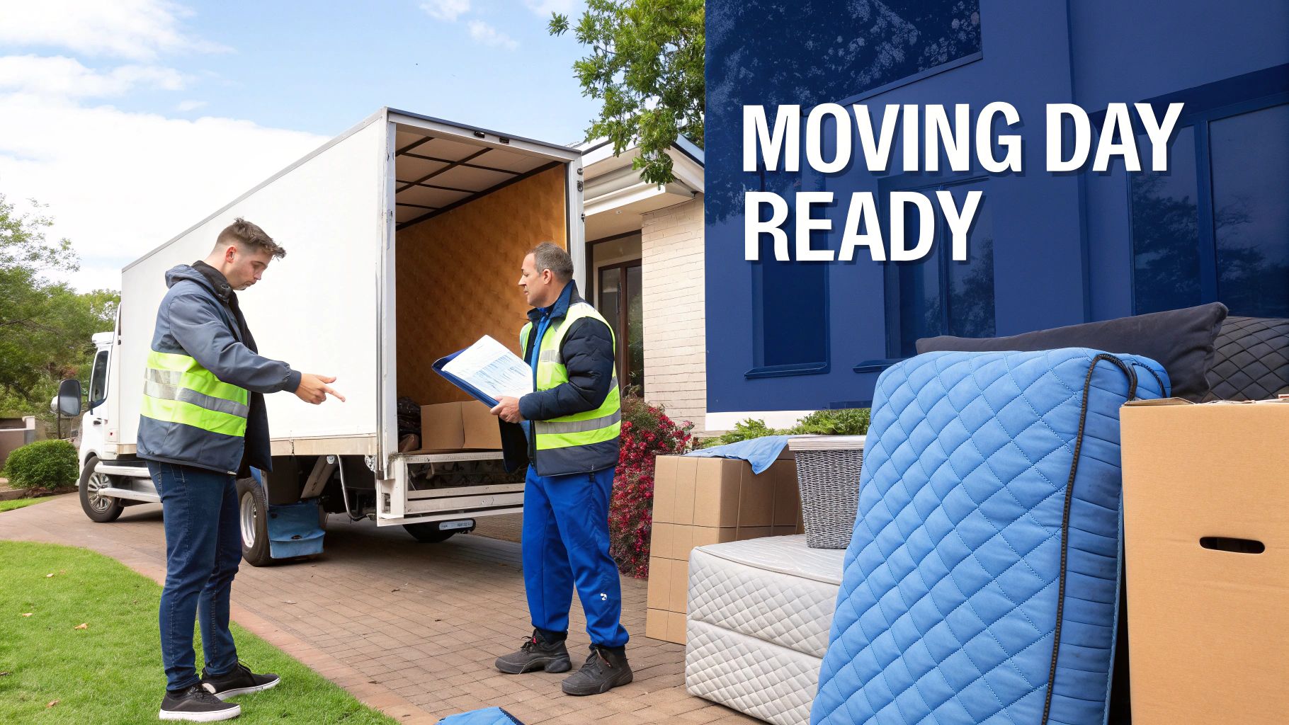 Movers preparing to load a moving truck with furniture and boxes outside a house.