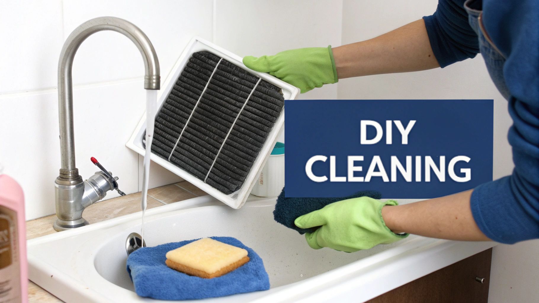 A person in green gloves cleans a dirty air filter under a running sink faucet, emphasizing DIY maintenance.