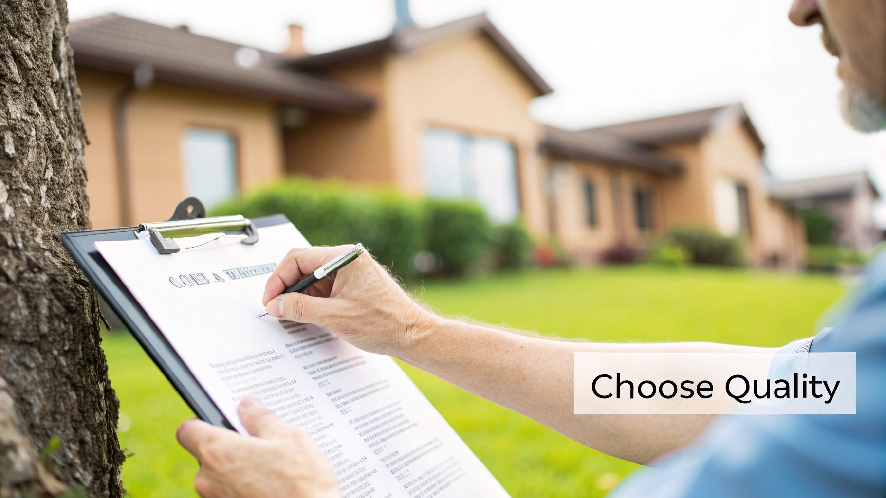 A person writes on a clipboard next to a tree with a house in the background, text 'Choose Quality'.