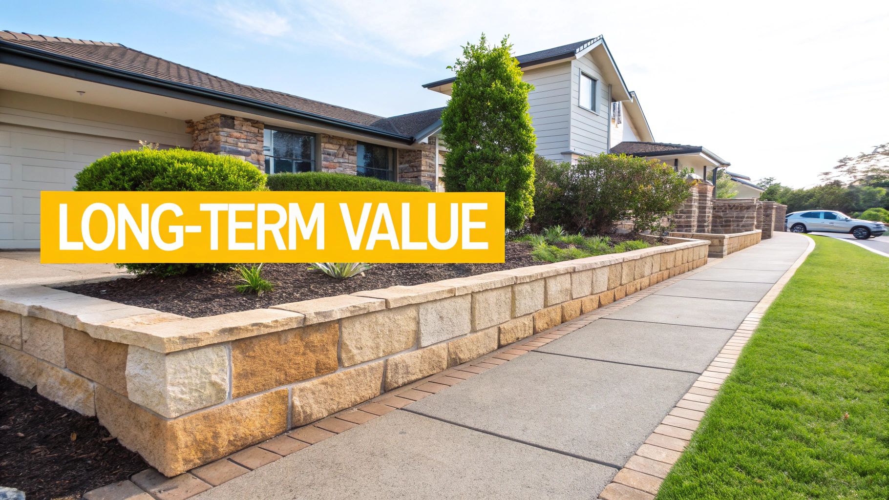 A professionally built sandstone wall enhancing a property's street appeal.