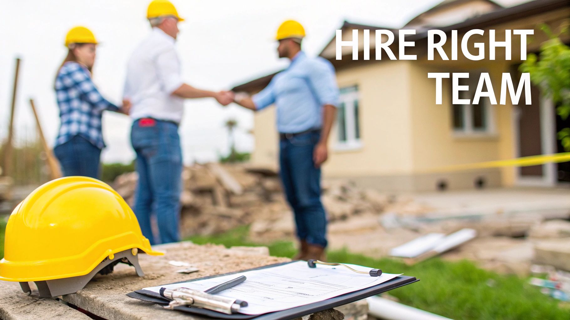 Three construction workers in hard hats, two shaking hands, with a clipboard and hard hat in the foreground at a building site.