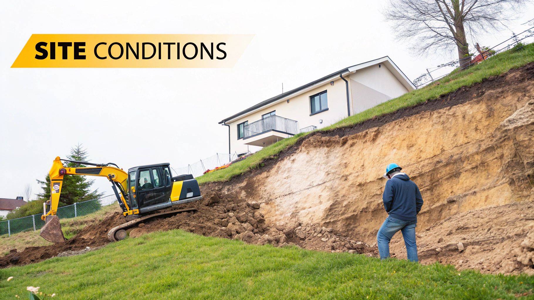 A sandstone retaining wall built on a sloped site