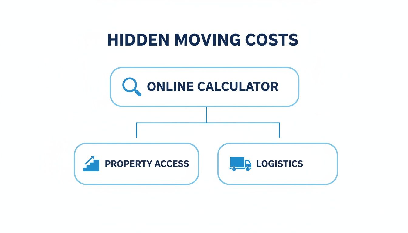 A flowchart illustrates hidden moving costs, showing an online calculator linking to property access and logistics.