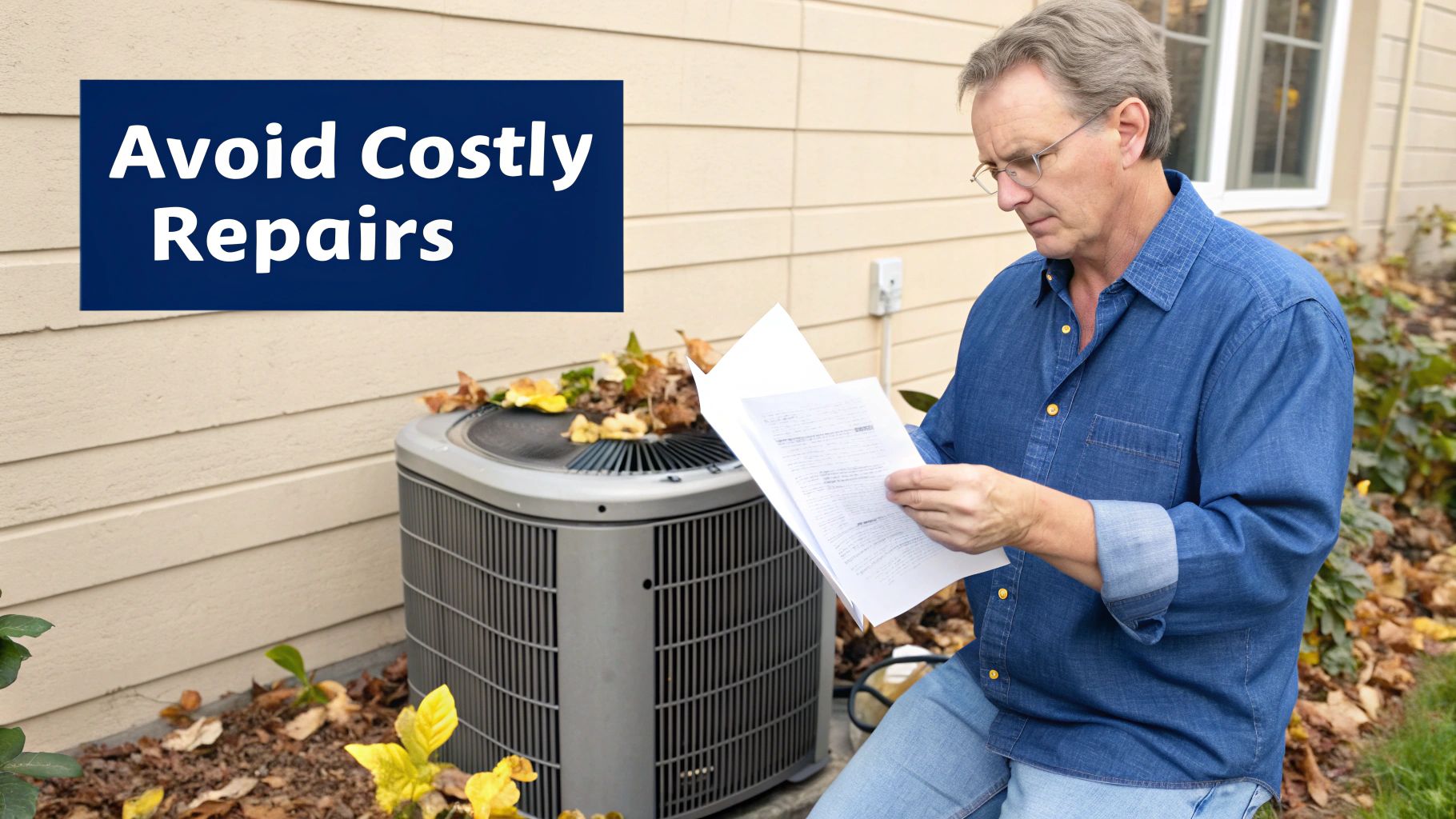 Man reviewing documents near a neglected AC unit, emphasizing avoiding costly repairs.