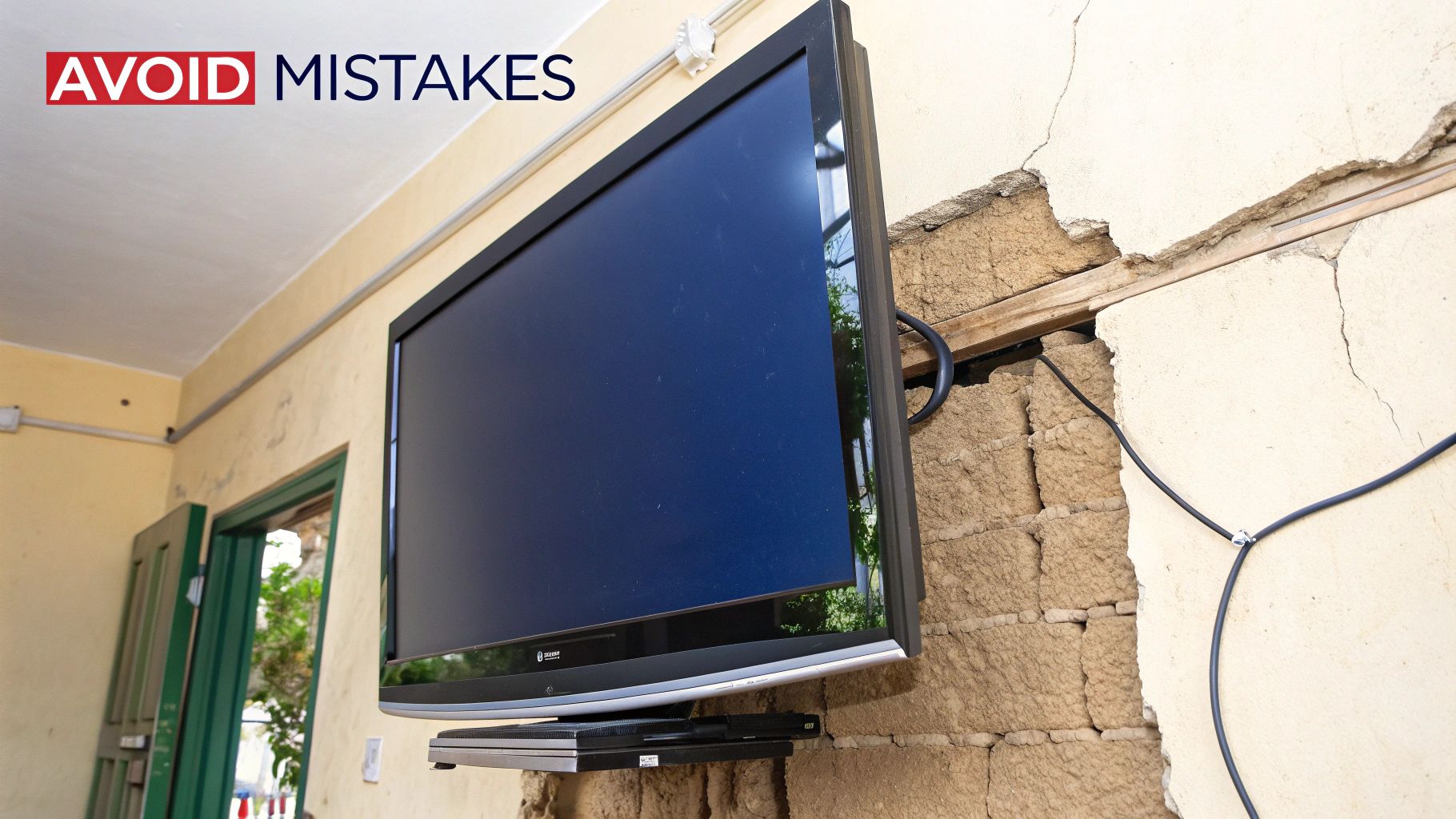 A person using a level to ensure a TV wall mount is straight.