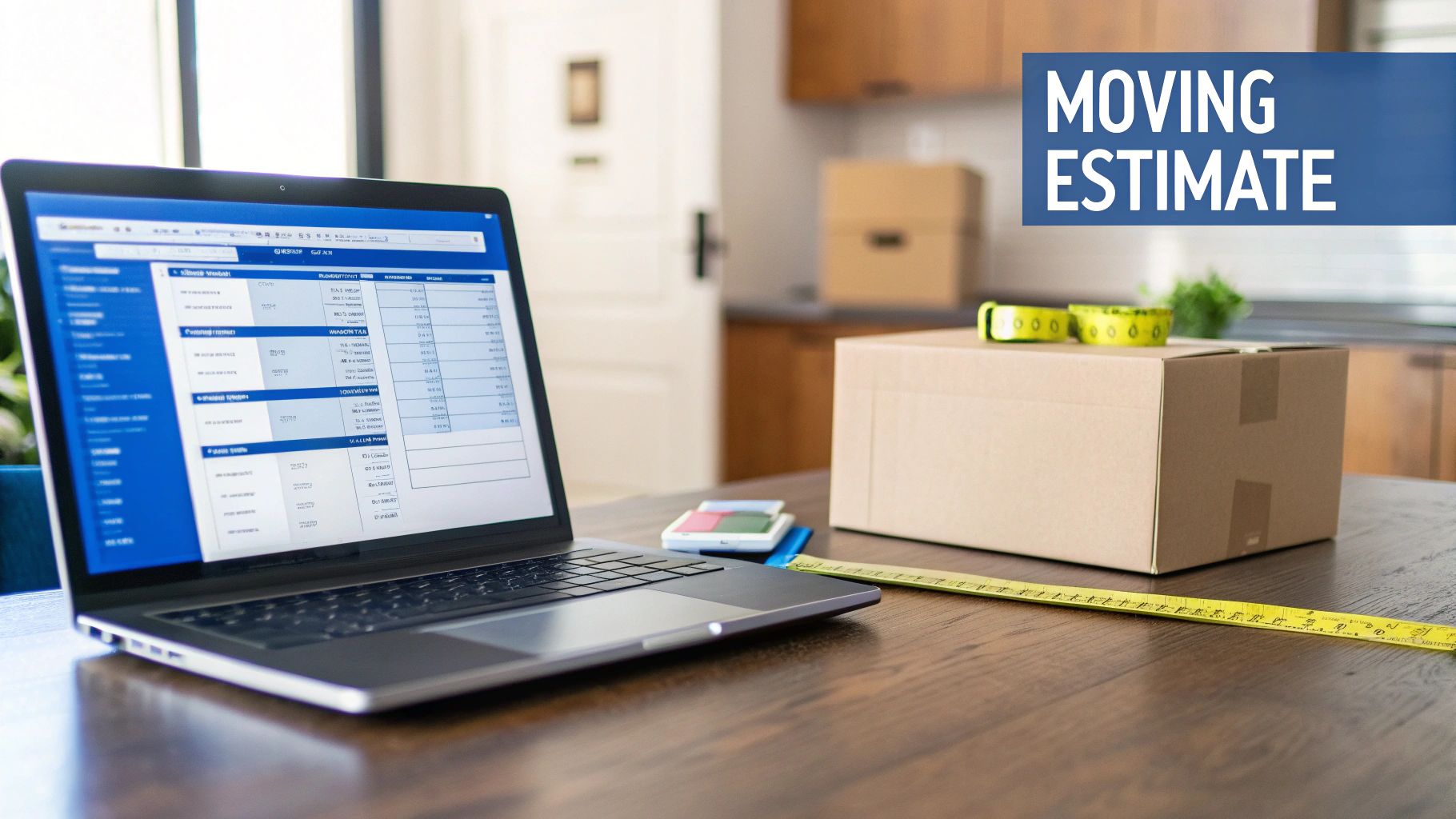 A laptop showing a moving estimate screen next to a cardboard box, measuring tape, and calculator on a wooden desk.