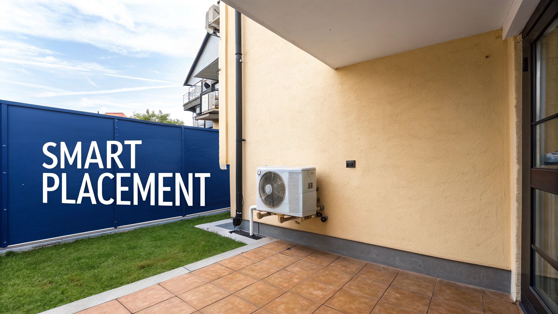 An outdoor air conditioner unit mounted on a building wall next to a patio and a blue fence.