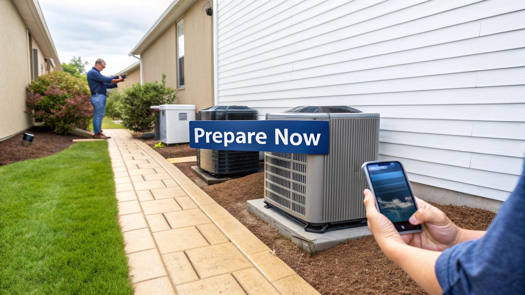 A person holds a phone to photograph outdoor HVAC units and a 'Prepare Now' sign by a house.