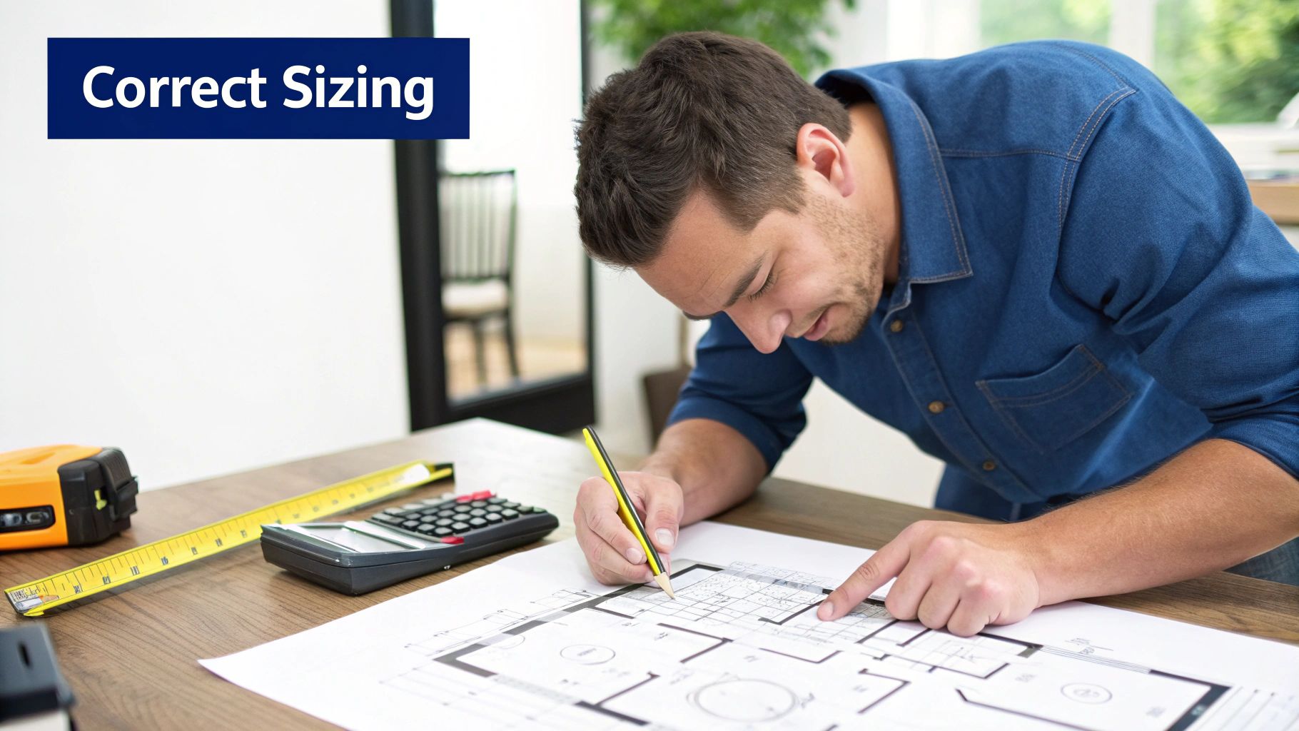 A man carefully draws on a house blueprint with a pencil, next to a tape measure and calculator, with 'Correct Sizing' text.