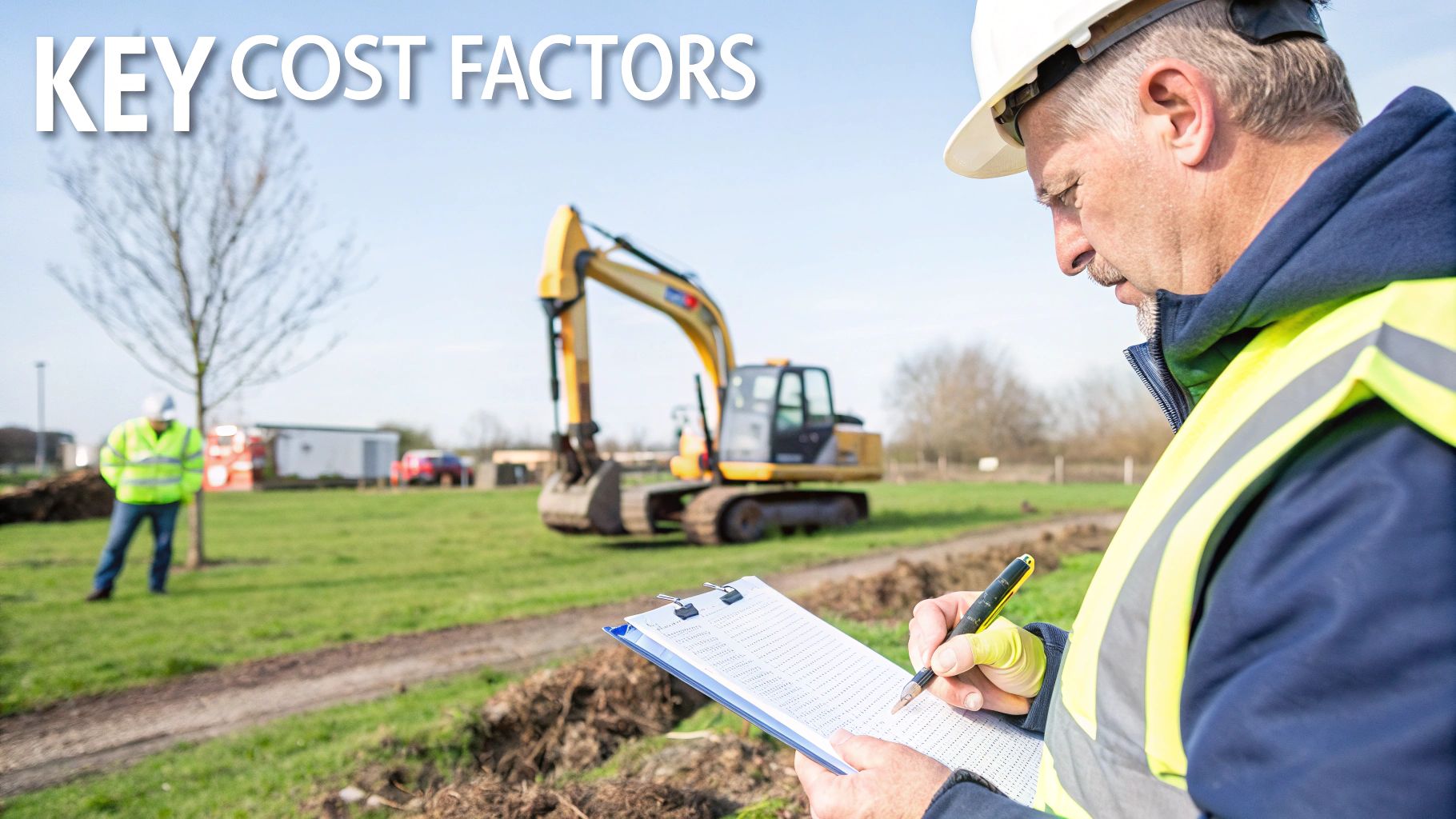 A construction worker in a hard hat and high-vis vest writes on a clipboard at a job site with an excavator.