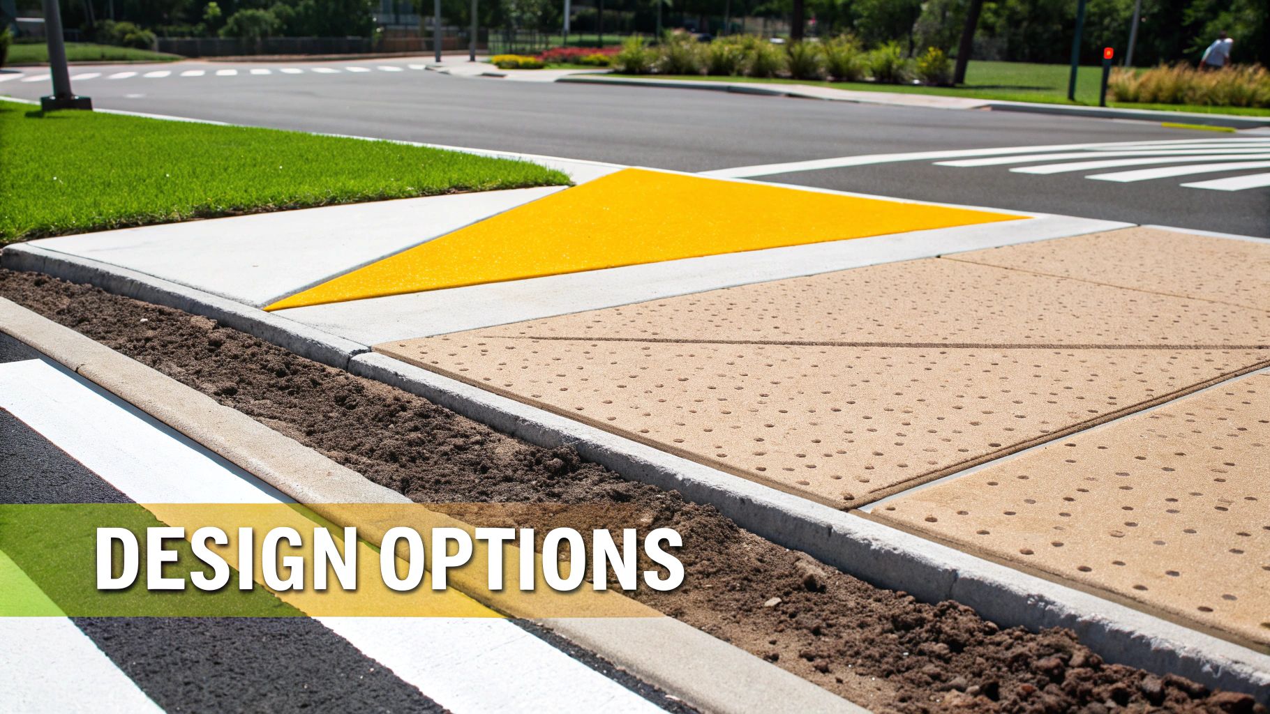 A modern pedestrian crossing with a bright yellow triangular section and textured brown tactile paving on a sunny day.